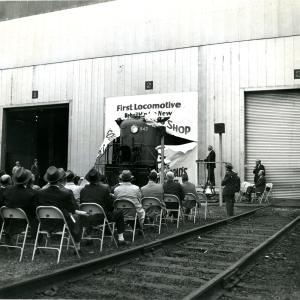 RS-3 #542 1st rebuilt loco at Lamberton Street diesel shop - loco ripping through banner at ceremony held at the south end of the new car shop. RS-3 #542 1st rebuilt loco at Lamberton Street diesel shop - loco ripping through banner at ceremony held at the south end of the new car shop.