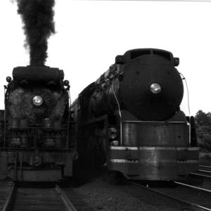 I-5 4-6-4 on Train 177 The Senator overtakes R-3-a 4-8-2 #3558 on freight at Saw Pit Crossing, Guilford, CT. The freight, is holding on Track 5.