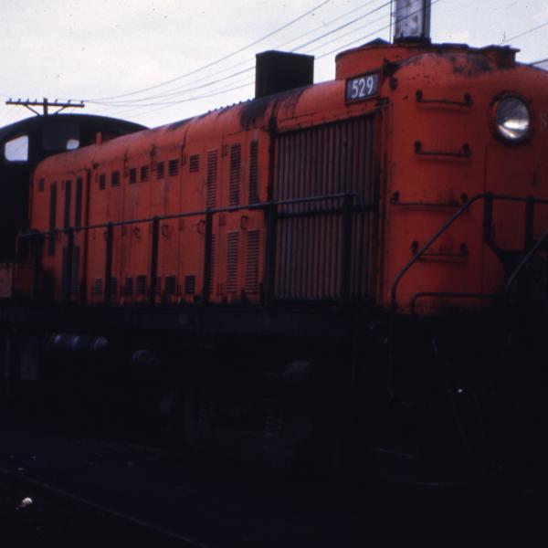 3/4 front end view of the engineer's side of RS-3 #529