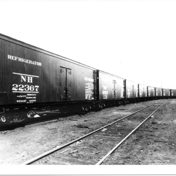 Line of 13 new wood refrigerator cars on an unidentified yard siding.  First car is NH #22367