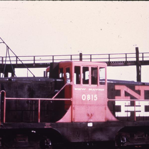 3/4 broadside view of 44 ton locomotive #0815 at Cedar Hill Yard, CT