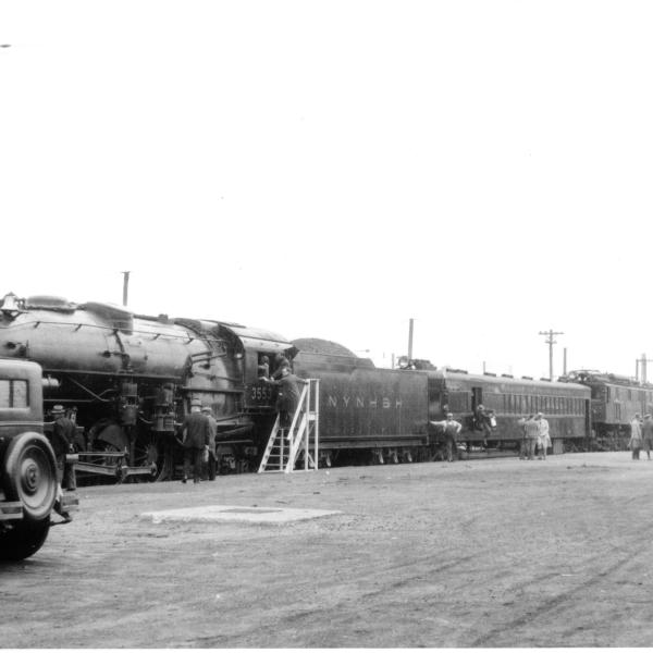LINE-UP OF LOCOMOTIVES AND BRILL MOTOR CAR ON PUBLIC DISPLAY NORTH OF PASSENGER STATION AT NEW HAVEN