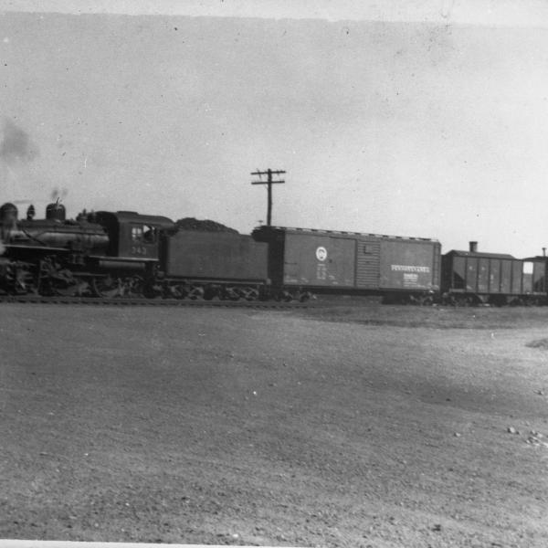 Broadside view of the fireman's side of locomotive #343 pulling two freight cars and a caboose